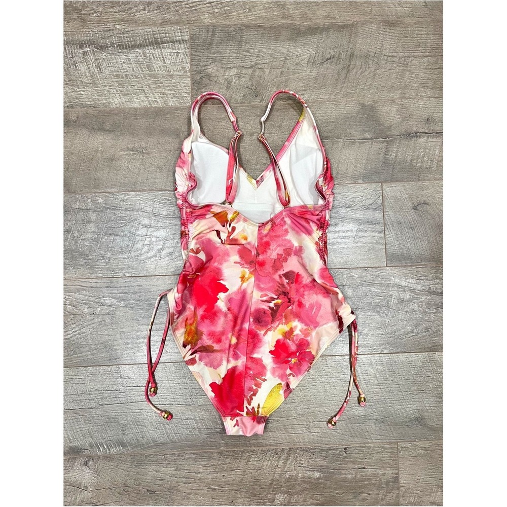 Shade & Shore Pink Floral Ruched V-Neck One Piece Swimsuit Size Small 4-6 - Picture 12 of 13